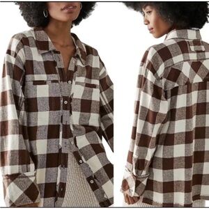 We The Free/Free People Brown and  Cream Buffalo Plaid Button-Up Shirt - Small
